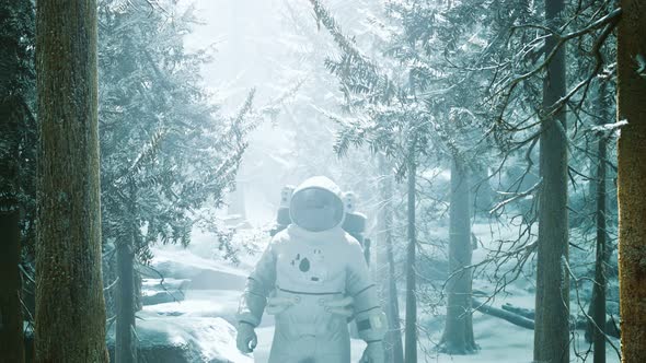 Astronaut Exploring Forest in Snow