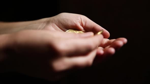 Woman Hand Holding Cryptocurrency Golden Bitcoin Coin Ondark Background