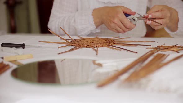 Mature Woman Making Paper Vine Basket at Home