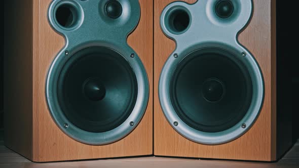 Two Audio Speakers Vibrate From Sound Bass in Slow Motion Stereo Closeup