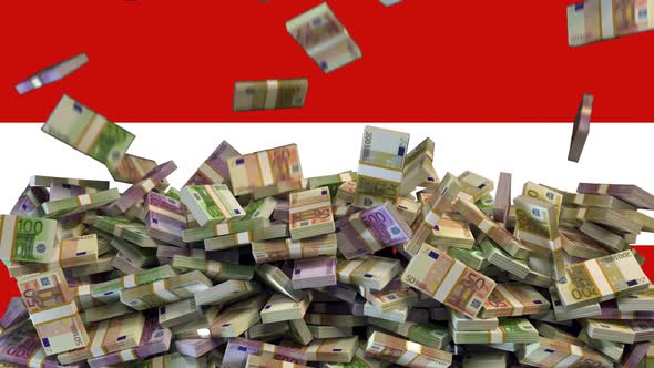 Euro Banknotes falling in front of flag of Austria