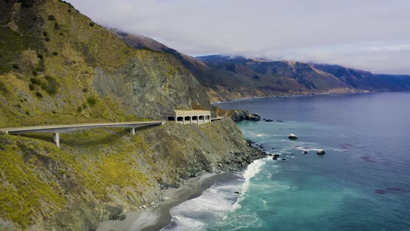 Flying Around Pitkins Curve Bridge and Rain Rocks Rock Shed in California USA