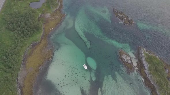 Midnight Sun in Napp/Flakdstad, Lofoten Islands, Norway Aerial Drone 4K