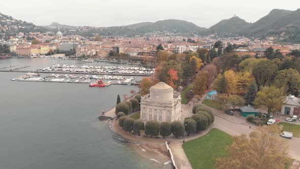 Volta Temple and marina at Como lake, Como city, Lombardy, Italy. Aerial view