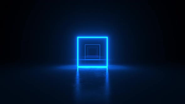 Squares neon blue light in black hall room