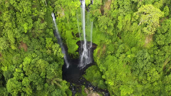 Around Beautiful Tropical Sekumpul Waterfall in Bali, Indonesia. Aerial View 