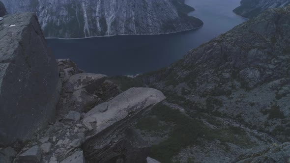 Trolltunga Mountain Cliff in Norway. Famous Troll Tongue Rock. Aerial View