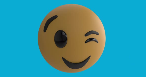 Digital animation of winking face emoji against blue background