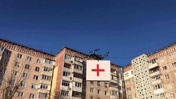 Ukraine, Ternopil, April 24, 2020. The drone flies with a first aid kit.