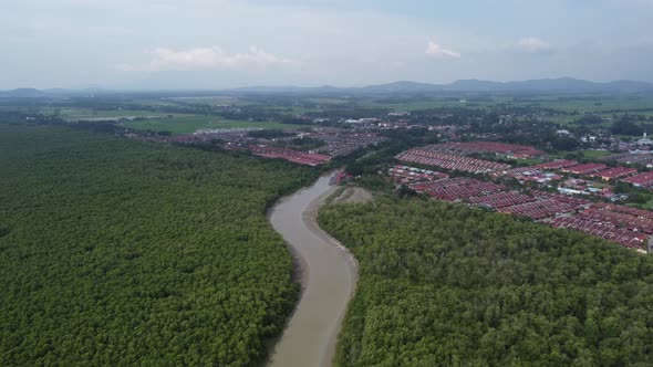 Aerial view curve river near residential area