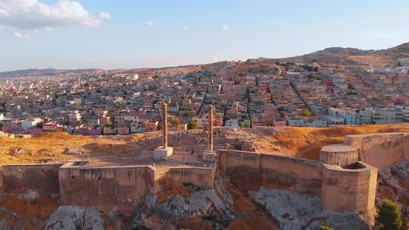 Cinematic View Dual Columns On Urfa Castle