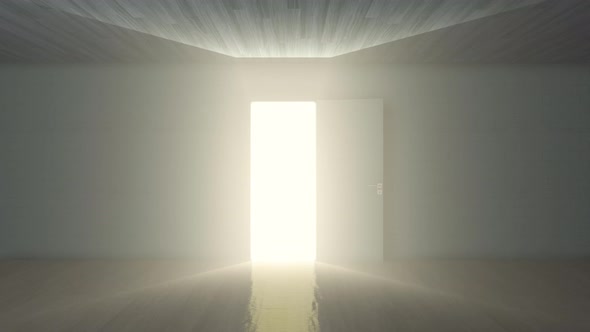 The door opens into a new world and a bright warm light fills the dark room.