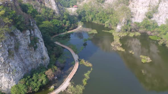 Aerial view of Khao Ngu Stone. National park with river lake, mountain valley hills