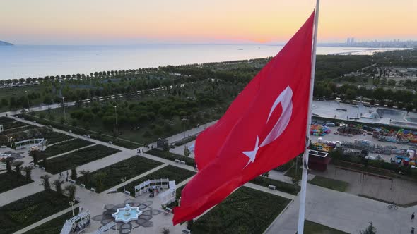 Turkey Turkish Flag with Sunset Drone Shot
