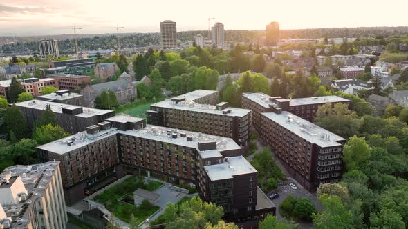 Aerial of the residence halls at University of Washington's north side of campus.