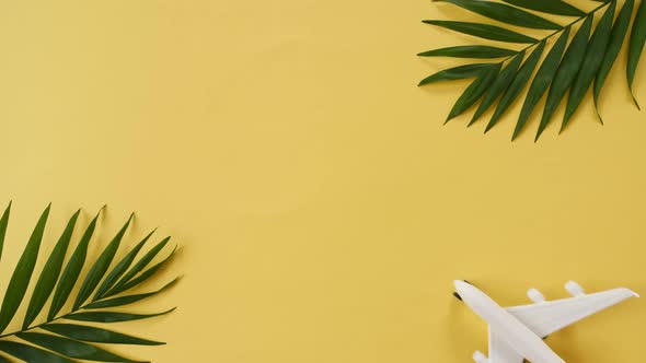 Model of a Toy Airplane of White Color and Palm Leaves on a Yellow Background