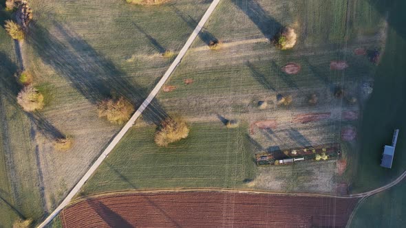 Flying over farmland and countryside on a spring morning