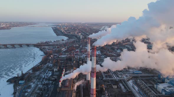 Industrial factory pollution, smokestack exhaust gases