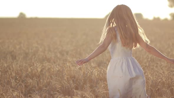 Excited Woman Spinning in Wheat Field at Sunset