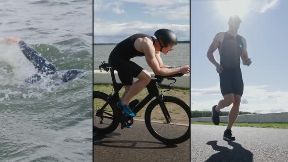 Multiscreen Triathlon Championship Split Screen Video of a Professional Athlete a Man Running