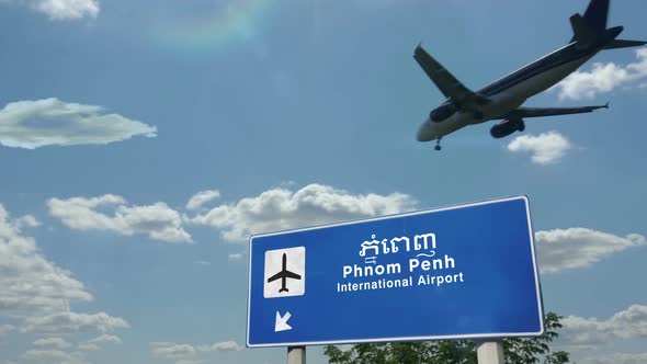 Airplane landing at Phnom Penh Cambodia airport