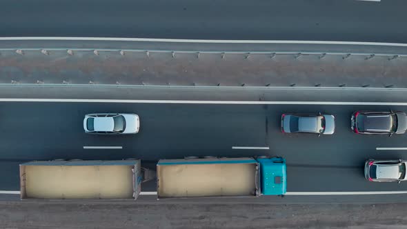 Aerial View. Intercity Highway Section. Congestion on the Road. Cars and Wagons Are Standing in a