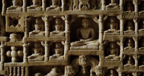 Intricate Carvings on Wall of Beautiful Ranakpur Jain Temple or Chaturmukha Dharana Vihara Mandir