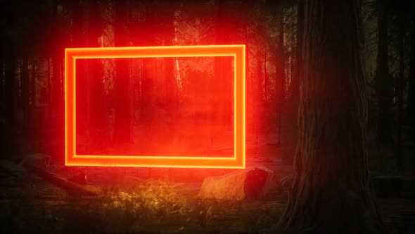 Neon Glowing Rectangle Frame in the Night Forest alt