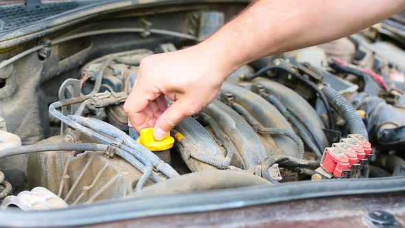 The Male Hand Opens the Engine Filler Neck and Pours Oil Into the Car Engine