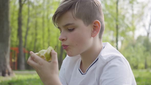 Portrait Young Little Boy Sitting with Pillow in the Green Park and Eating an Apple Outdoors