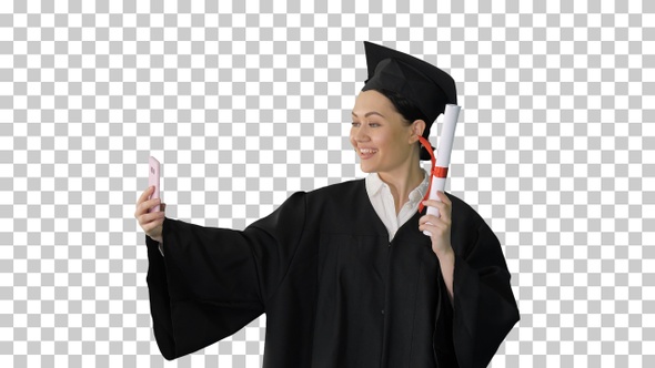 Happy female graduate holding diploma, Alpha Channel