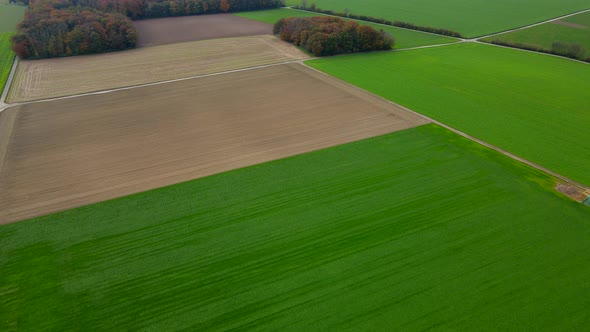 Aerial view of a  pastures and arable land. Panorama over healthy green crops in patchwork pasture