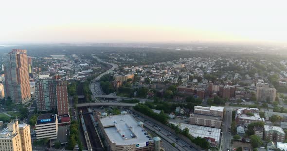 Aerial of a Highway and New Rochelle New York at Sunset