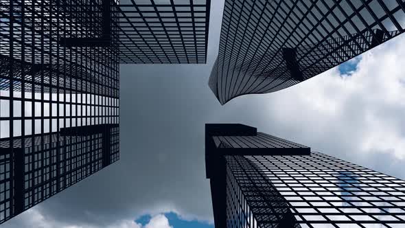 Airplane Flies Over Office Buildings Against a TimeLapse Clouds Beautiful 3d Animation  Video Loop