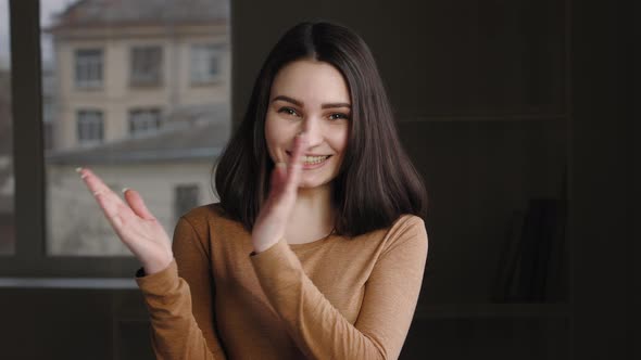 Portrait Caucasian Young Girl Teenager Caucasian Model Smiling Looking at Camera Posing Alone at