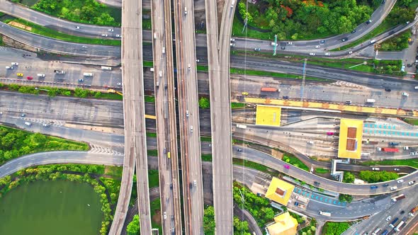 4K : Top view of Highway road junctions.