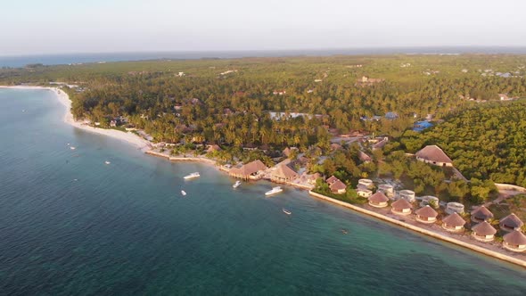 Aerial View Tropical Coastline Exotic Hotels and Palm Trees By Ocean Zanzibar