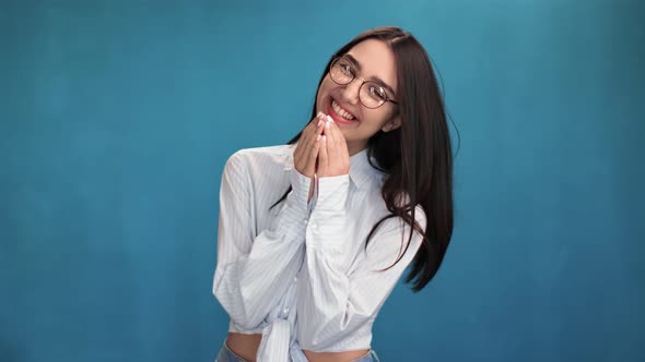 Joyful Young Female in Trendy Glasses Laughing Feeling Positive Emotion