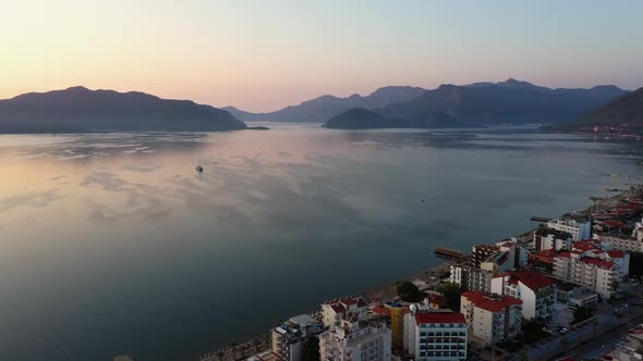 Aerial Seascape with Mediterranean Sea Bay and Coastline of Marmaris City Resort in Turkey