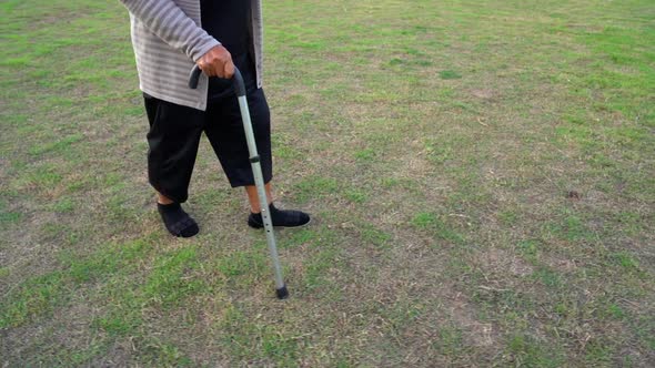 slow-moiton of senior woman legs walking with walking stick in the grass field