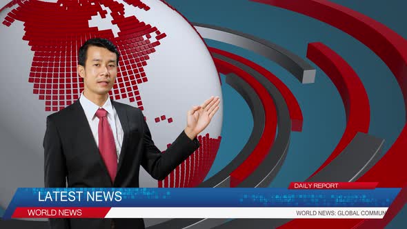 Live News Studio With Asian Professional Male Anchor Reporting On The Events Of The Day