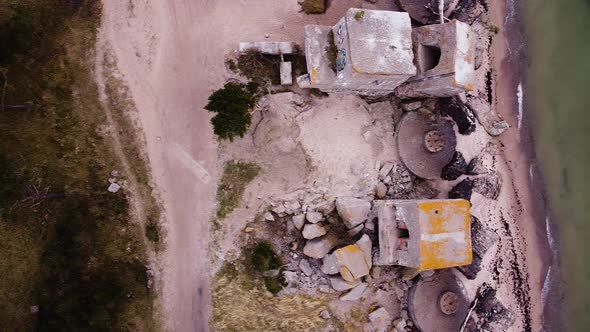 Aerial birds eye view of abandoned seaside fortification building at Karosta Northern Forts on the b