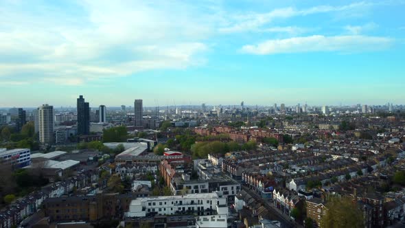 Drone shot slowly panning right across South London skyline in Wandsworth
