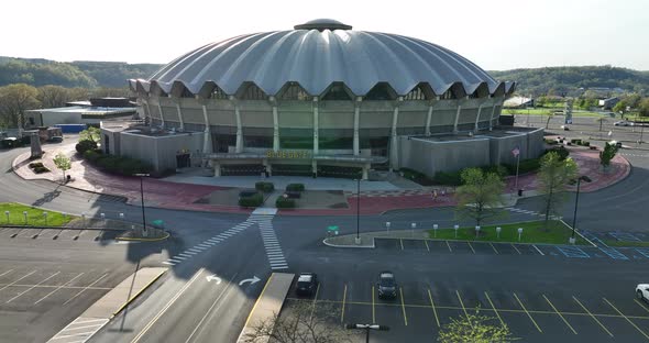 Coliseum Arena at West Virginia University, home of WVU Mountaineers basketball team. Aerial.