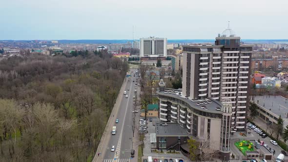 Modern designed buildings in the big city with the park.