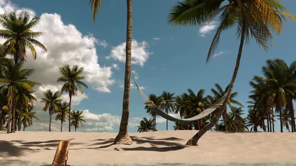 Summer, sea, beach in the tropics with palm trees and a hammock and a boat.