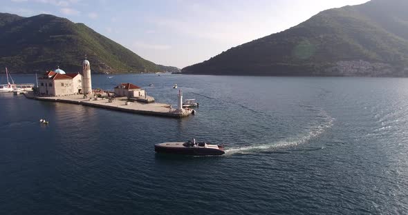 Panorama of the Island of Gospa Od Skrpjela Against the Backdrop of Mountains