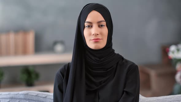 Portrait Arabic Woman Hide Face with Traditional Black Muslim Niqab Posing