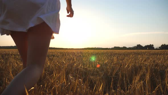 Unrecognizable Joyful Woman in White Dress Running Through Field of Wheat at Sunset