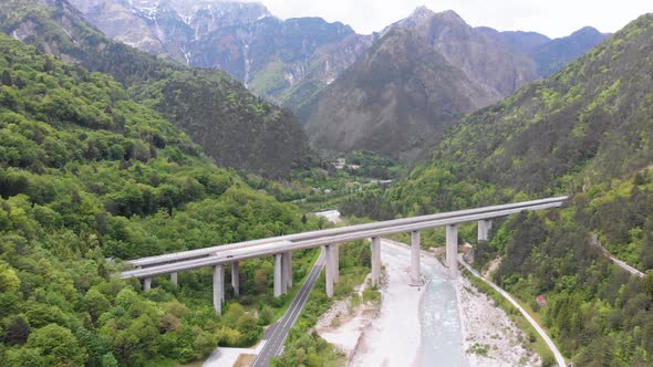 Aerial View of the Concrete Highway Viaduct on Concrete Pillars in the Mountains